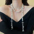 French Vintage Crystal Bow Faux Pearl Long Necklace Old Money Elegant Collarbone Choker view 3