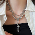 French Vintage Alloy Oval Star Pendant Double Layer Pearl Choker Necklace For Women view 1
