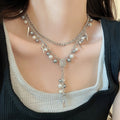 French Vintage Alloy Oval Star Pendant Double Layer Pearl Choker Necklace For Women view 3
