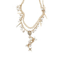 French Vintage Alloy Oval Star Pendant Double Layer Pearl Choker Necklace For Women view 5