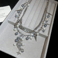 French Vintage Alloy Oval Star Pendant Double Layer Pearl Choker Necklace For Women view 4