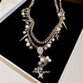 French Vintage Alloy Oval Star Pendant Double Layer Pearl Choker Necklace For Women view 2