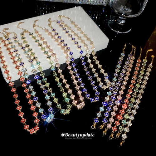 Light Luxury Stainless Steel Rhinestone Flower Necklace Bracelet Jewelry Set For Women