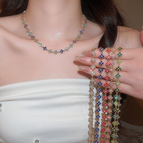 Light Luxury Stainless Steel Rhinestone Flower Necklace Bracelet Jewelry Set For Women