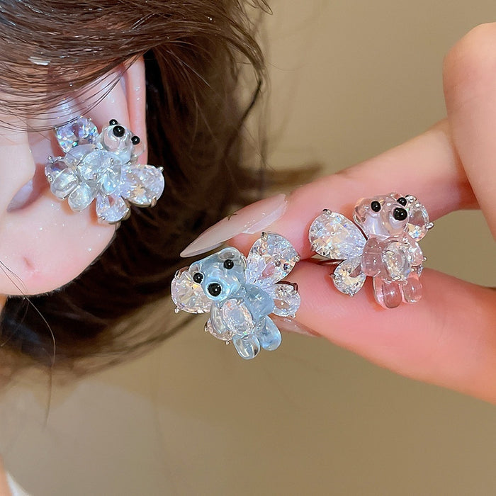 Cute Resin Bear Zircon Sparkle Clip-on Earrings For Women No Piercing Ear Cuff Jewelry