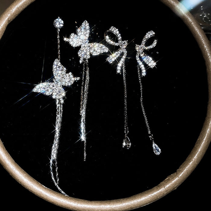 Copper Zircon Bow Stud Earrings Korean Asymmetric Light Luxury Silver Needle Jewelry
