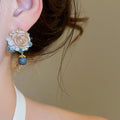 Elegant Floral Faux Pearl Crystal Stud Earrings With Silver Pins, Sweet Fairy Style view 3