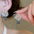 Elegant Floral Faux Pearl Crystal Stud Earrings With Silver Pins, Sweet Fairy Style view 1