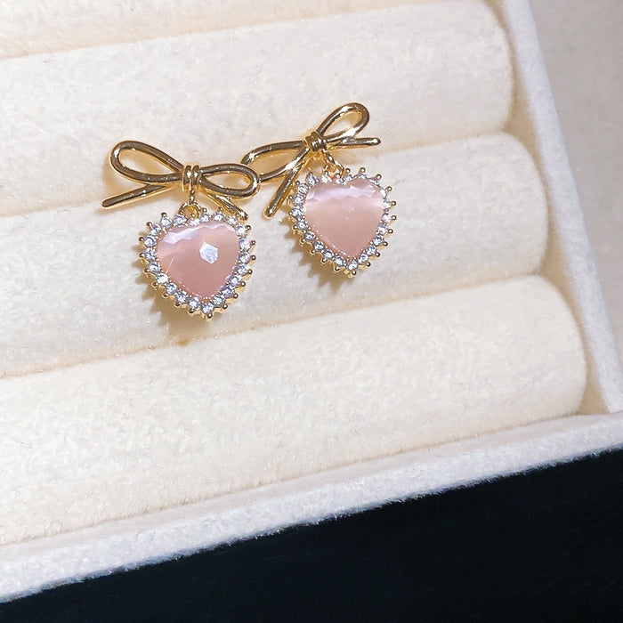 Sweet Cat Eye Stone Heart Bow Zircon Stud Earrings With Silver Posts For Women