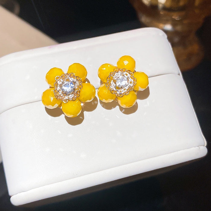 Sweet Forest Style Floral Artificial Crystal Beaded Stud Earrings With Silver Pins