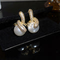 18K Gold Plated Silver Pin Zircon Faux Pearl Geometric Stud Earrings French Vintage Light Luxury view 3