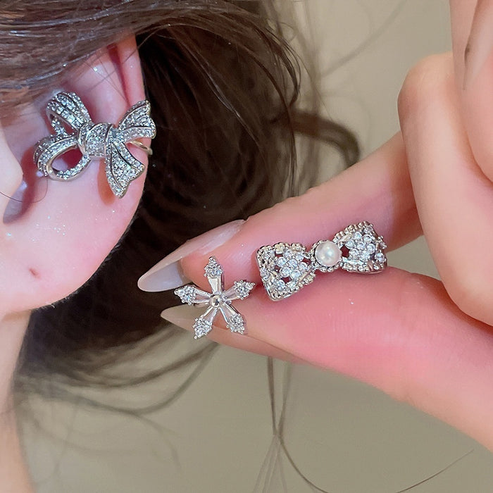 Light Luxury Zirconia Bow Faux Pearl Floral Clip-on Earrings For Non-Pierced Ears