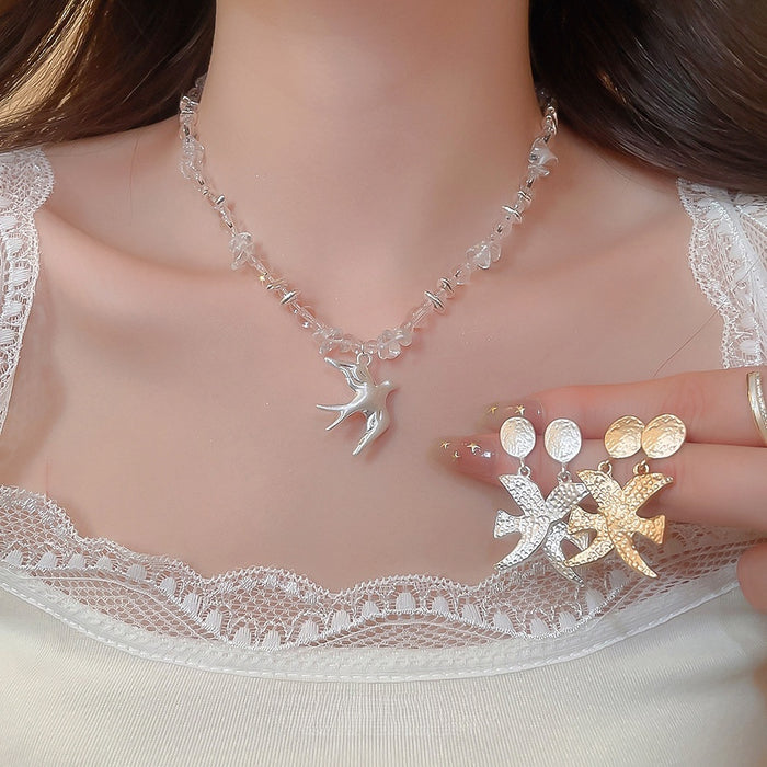 Spring Forest Style Artificial Crystal Beaded Swallow Necklace And Stud Earrings Jewelry Set For Women