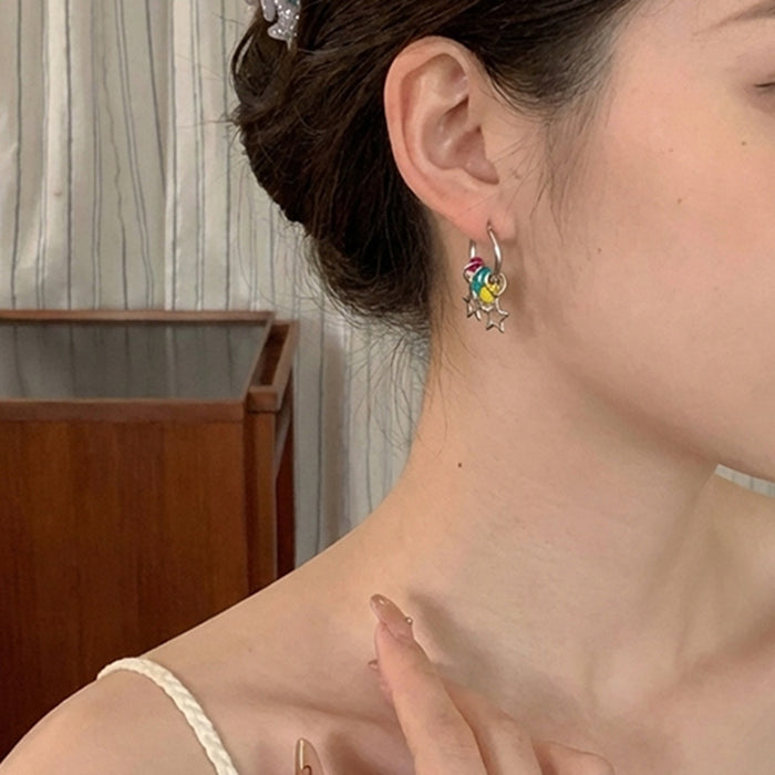 Sweet Cool Colorful Bead Hollow Star Charm Pendant Alloy Hoop Dangle Women's Fashion Earrings