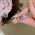 Copper Geometric Round Stud Earrings With Silver Post Color Gem Zircon Micro Pave Elegant Style view 2
