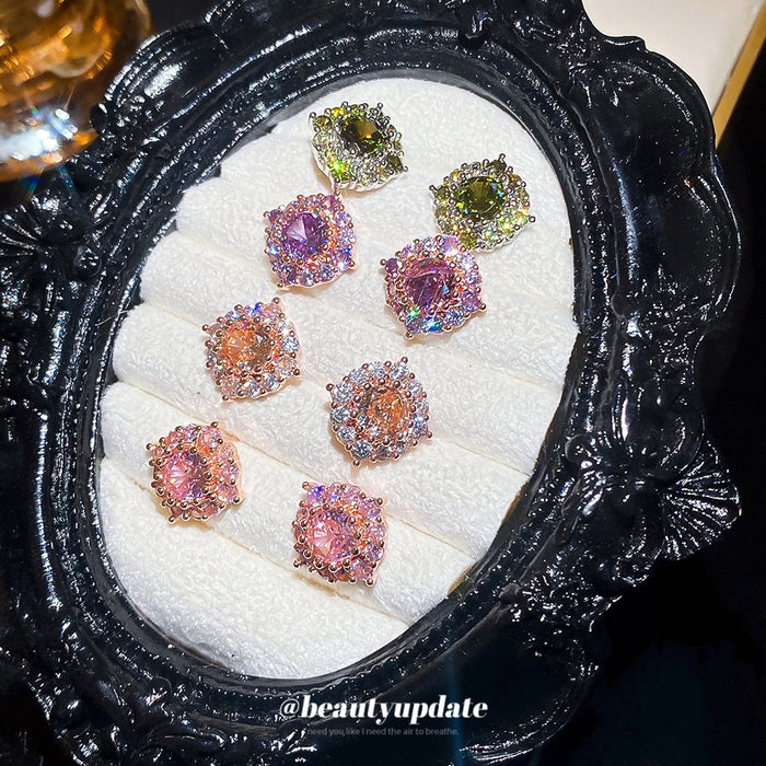 Copper Geometric Round Stud Earrings With Silver Post Color Gem Zircon Micro Pave Elegant Style