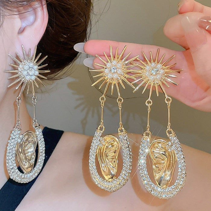 Vintage Alloy Sun Starburst Geometric Drop Earrings, European Statement Ear Stud Style