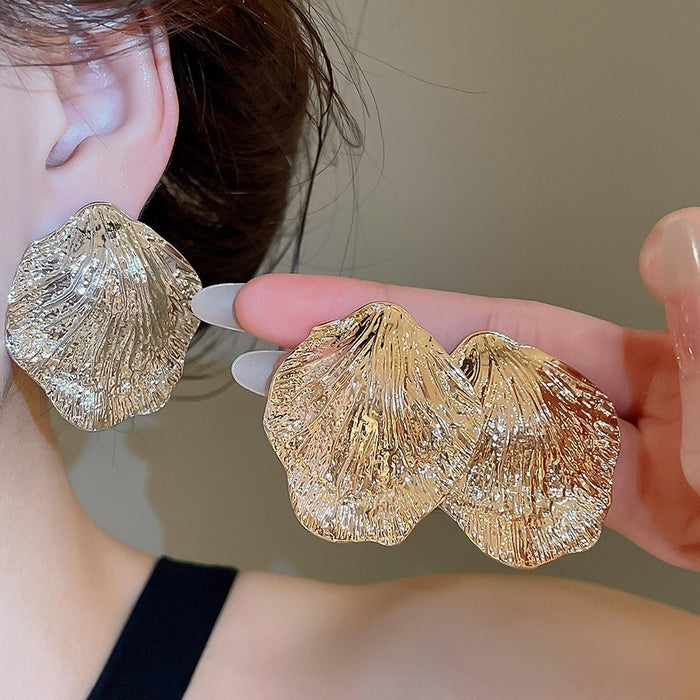 European Style Metal Crumpled Leaf Stud Earrings With Silver Pins, Elegant Minimalist Jewelry