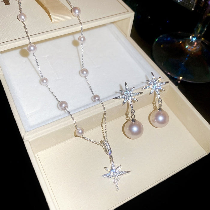 Light Luxury Zircon Starburst Faux Pearl Stud Earrings Necklace Jewelry Set 2026