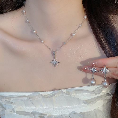 Light Luxury Zircon Starburst Faux Pearl Stud Earrings Necklace Jewelry Set 2026