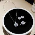 Light Luxury Copper Zircon Square Pendant Necklace Stud Earrings Ring Jewelry Set view 3
