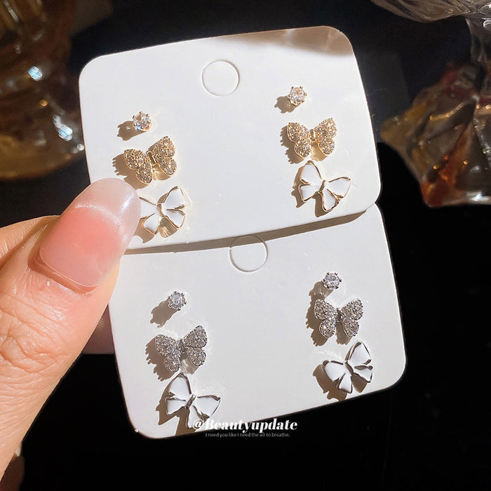 14K Gold Plated Copper Bow Stud Earrings With Silver Posts, Enamel Zircon Korean Style
