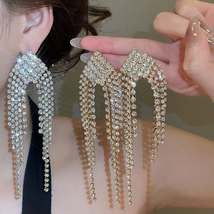 Copper Silver Pin Rhinestone Geometric Tassel Drop Earrings For Women Bridal Jewelry