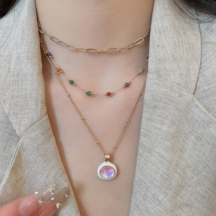 2026 New Multilayer Colorful Stone Enamel Oval Alloy Necklace Old Money Geometric Choker