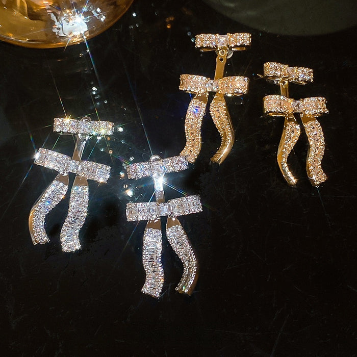 18K Gold Plated Copper Bow Stud Earrings With Silver Posts And Sparkling Zircon Luxury Style