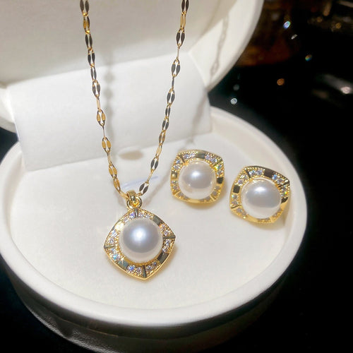 French Vintage Faux Pearl Zircon Square Round Stud Earrings Necklace Jewelry Set For Women