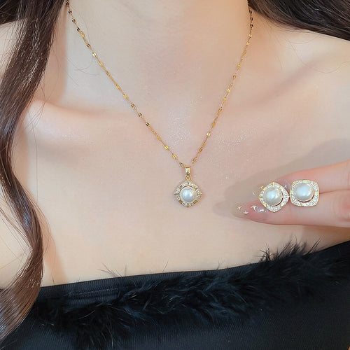 French Vintage Faux Pearl Zircon Square Round Stud Earrings Necklace Jewelry Set For Women