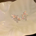 Sparkling Zircon Pink Iris Flower Copper Stud Earrings For Elegant Fashion OL Style view 3
