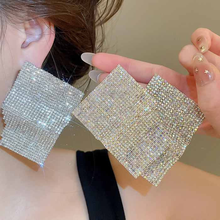Copper Geometric Square Rhinestone Stud Earrings Vintage Exaggerated Luxury Design