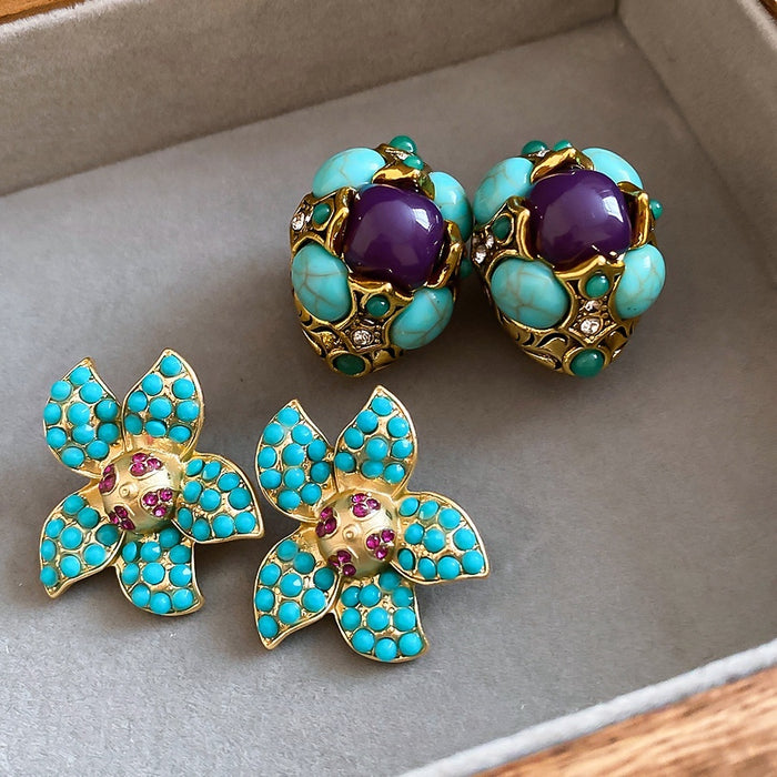 Vintage Palace Style Oval Resin Stone Rhinestone Stud Earrings With Silver Pins