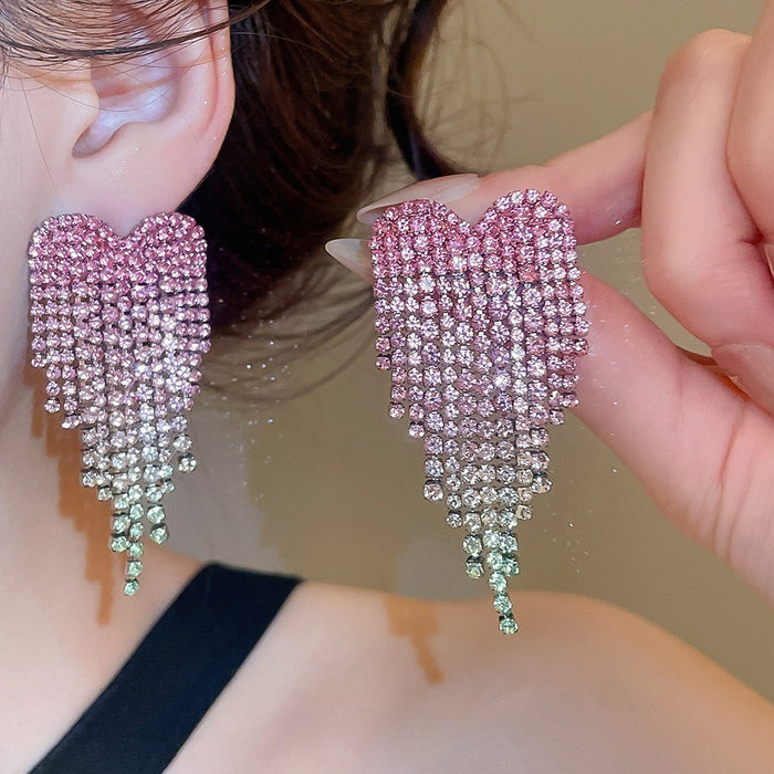 Copper Rhinestone Round Heart Tassel Drop Earrings Vintage Light Luxury Stud Style For Women