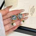 Elegant Vintage Luxury Enamel Camellia Flower Zircon Rhinestone Pearl Drop Alloy Stud Earrings view 4