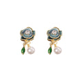 Elegant Vintage Luxury Enamel Camellia Flower Zircon Rhinestone Pearl Drop Alloy Stud Earrings view 5