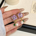 Elegant Vintage Luxury Enamel Camellia Flower Zircon Rhinestone Pearl Drop Alloy Stud Earrings view 3