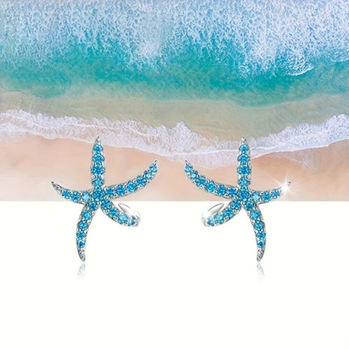 Summer Beach Vacation Starfish Stud Earrings, Blue Zircon Dopamine Date Accessories For Women