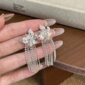 Elegant Alloy Flower Studs With Long Steel Bead Chain Tassels Light Luxury Statement Drop Earrings view 4