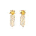 Elegant Alloy Flower Studs With Long Steel Bead Chain Tassels Light Luxury Statement Drop Earrings view 5