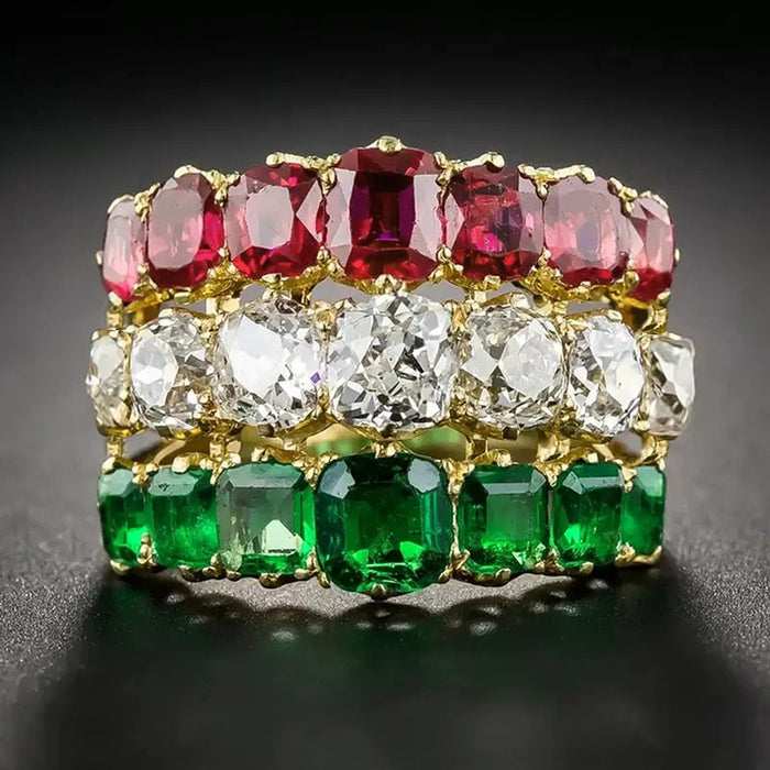 Three Color Rhinestone Arrangement Ring For Women, French Style Quadrilateral Dopamine Jewelry