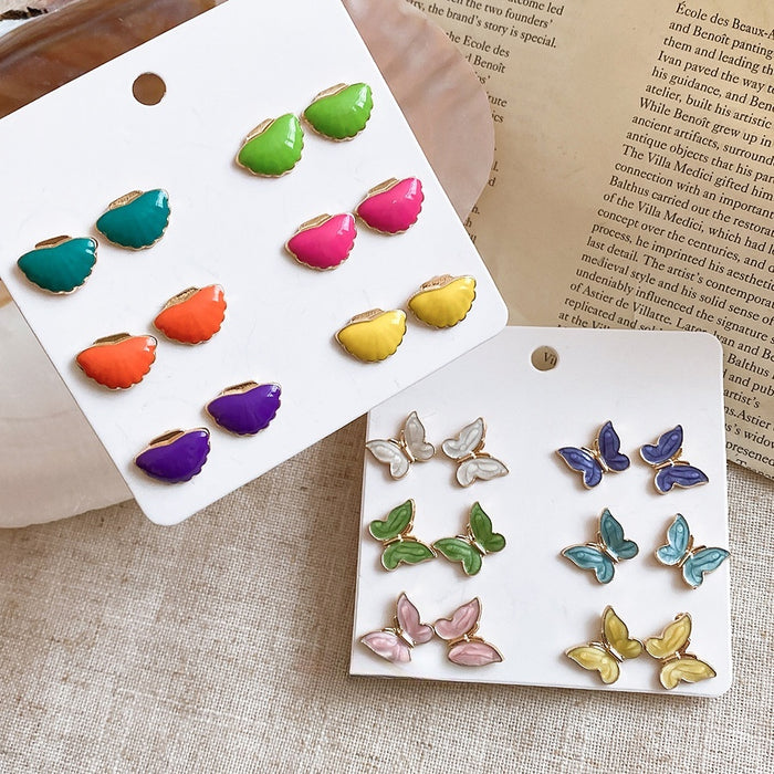 Colorful Butterfly Shell Enamel Alloy Flower Stud Earrings Jewelry Set For Women