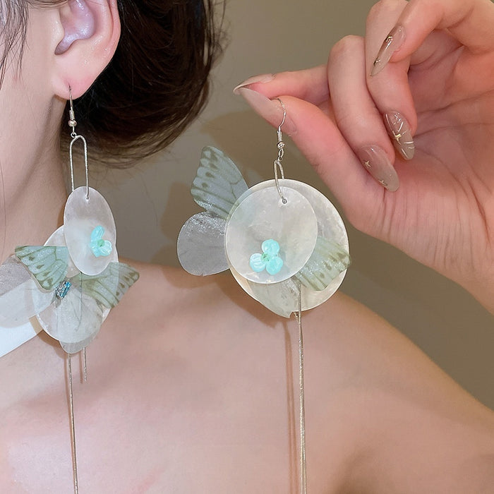 Fresh Forest Style Chiffon Butterfly Shell Tassel Drop Earrings For Vacation Looks