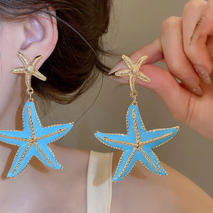 Summer Island Starfish Enamel Iron Drop Earrings With Silver Pin Vacation Style