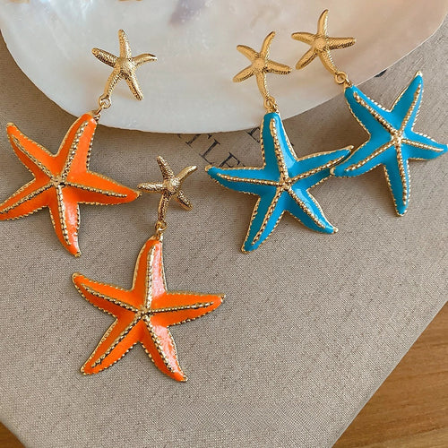Summer Island Starfish Enamel Iron Drop Earrings With Silver Pin Vacation Style