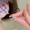 Korean Style Copper Zircon Asymmetric Pearl Clip-on Earrings, Elegant Geometric Round Ear Cuffs view 1
