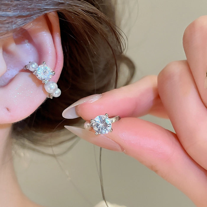 Korean Style Copper Zircon Asymmetric Pearl Clip-on Earrings, Elegant Geometric Round Ear Cuffs