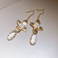 Vintage Alloy Floral Leaf Crystal Pearl Hook Earrings Elegant Spring Fashion Jewelry view 2