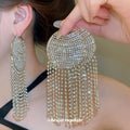 Copper Rhinestone Round Long Tassel Hoop Earrings With Silver Posts, Geometric Statement Style view 1